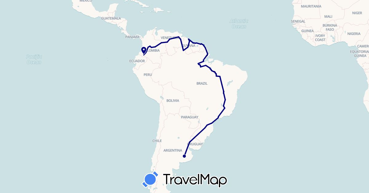 TravelMap itinerary: driving in Argentina, Brazil, Colombia, France, Guyana, Suriname, Venezuela (Europe, South America)